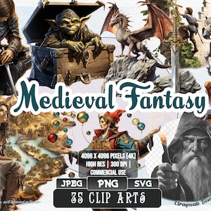 Medieval Fantasy - Middle Ages Clip Art | 5 digital file types | Color & Grayscale PNG | JPEG | SVG | Coloring/Painting | Crafts | Sticker