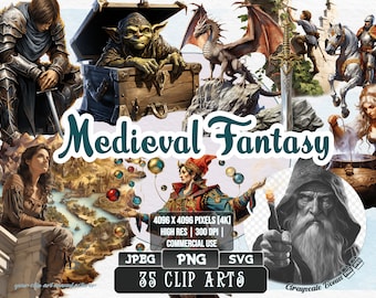 Medieval Fantasy - Middle Ages Clip Art | 5 digital file types | Color & Grayscale PNG | JPEG | SVG | Coloring/Painting | Crafts | Sticker