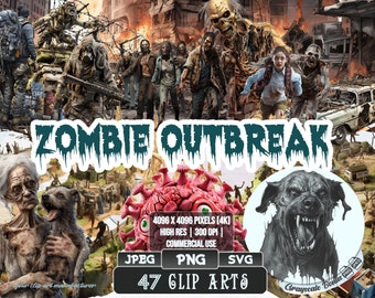 Zombie Outbreak - Clip Art | 5 digital file types | Color & Grayscale PNG | JPEG | SVG | Coloring/Painting | Crafts | Stickers
