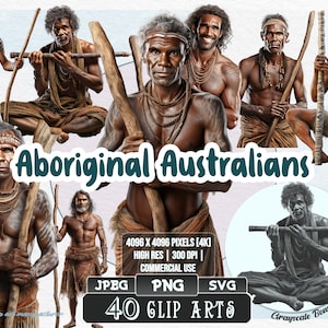 40 Aboriginal Australians- Indigenous | 5 digital file types | Color & Grayscale PNG | JPEG | SVG | Coloring/Painting | Crafts | Stickers