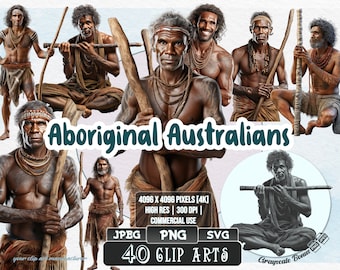 May include: A digital illustration set of 40 Aboriginal Australian men in various poses, holding traditional weapons. The images are high resolution and suitable for commercial use. The set includes JPEG, PNG, and SVG formats.