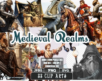 Medieval Realms - Middle Ages Clip Art | 5 digital file types | Color & Grayscale PNG | JPEG | SVG | Coloring/Painting | Crafts | Sticker