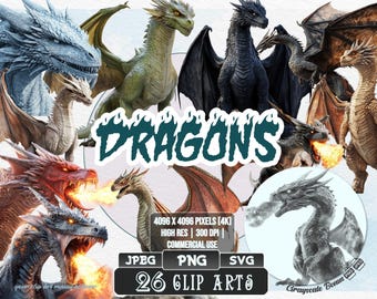 26 Dragons - Mythical Dragons | 5 digital file types | Color & Grayscale PNG | JPEG | SVG | Coloring/Painting | Crafts | Stickers