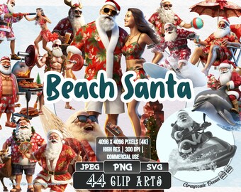 44 Beach Santa - Christmas Clip Art | 5 digital file types | Color & Grayscale PNG | JPEG | SVG | Coloring/Painting | Crafts | Stickers