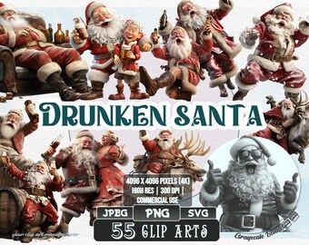 55 Drunken Santa - Christmas Clip Art | 5 digital file types | Color & Grayscale PNG | JPEG | SVG | Coloring/Painting | Crafts | Stickers
