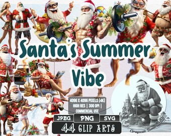 44 Santa's Summer Vibe - Clip Art | 5 digital file types | Color & Grayscale PNG | JPEG | SVG | Coloring/Painting | Crafts | Stickers