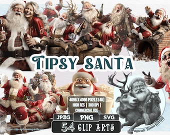 54 Tipsy Santa - Christmas Clip Art | 5 digital file types | Color & Grayscale PNG | JPEG | SVG | Coloring/Painting | Crafts | Stickers