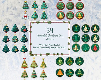 Set of 54 Exquisite Christmas Tree Stickers | Instant Download | PNG Files | A4 and A5 Sizes | Holiday Decor, Scrapbooking, Crafts, Planner
