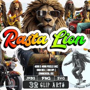 32 Rasta Löwe - Reggae Clip Art | 5 digitale Dateitypen | Farbe & Graustufen PNG | JPEG | SVG | Ausmalen/Gemälde | Kunsthandwerk | Aufkleber