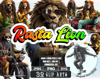 32 Rasta Lion - Reggae Clip Art | 5 digital file types | Color & Grayscale PNG | JPEG | SVG | Coloring/Painting | Crafts | Stickers
