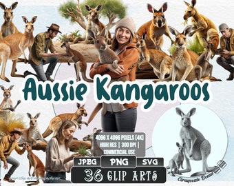 36 Aussie Kangaroos- Australian Outback | 5 digital file types | Color & Grayscale PNG | JPEG | SVG | Coloring/Painting | Crafts | Stickers