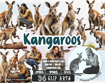 36 Kangaroos- Australian Outback | 5 digital file types | Color & Grayscale PNG | JPEG | SVG | Coloring/Painting | Crafts | Stickers