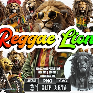 31 Reggae Löwe - Reggae Clip Art | 5 digitale Dateitypen | Farbe & Graustufen PNG | JPEG | SVG | Ausmalen/Gemälde | Kunsthandwerk | Aufkleber