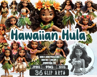 36 Hawaiian Hula Girls - Hawaii Clip Art | 5 digital file types | Color & Grayscale PNG | JPEG | SVG | Coloring/Painting | Crafts | Stickers