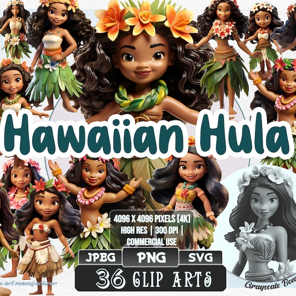 36 Hawaiian Hula Girls - Hawaii Clip Art | 5 digital file types | Color & Grayscale PNG | JPEG | SVG | Coloring/Painting | Crafts | Stickers
