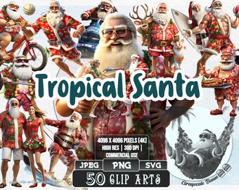 50 Tropical Santa - Christmas Clip Art | 5 digital file types | Color & Grayscale PNG | JPEG | SVG | Coloring/Painting | Crafts | Stickers