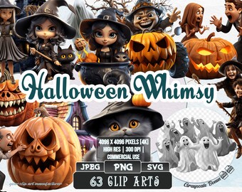 Halloween Whimsy - Clip Art | 5 digital file types | Color & Grayscale PNG | JPEG | SVG | Coloring/Painting | Crafts | Sticker