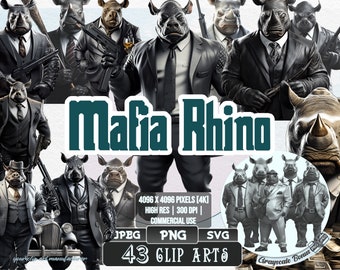 43 Mafia Rhino - Mafia Clip Art | 5 digital file types | Color & Grayscale PNG | JPEG | SVG | Coloring/Painting | Crafts | Stickers