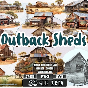 30 Outback Sheds - Australian Bush | 5 digital file types | Color & Grayscale PNG | JPEG | SVG | Coloring/Painting | Crafts | Stickers