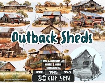 30 Outback Sheds - Australian Bush | 5 digital file types | Color & Grayscale PNG | JPEG | SVG | Coloring/Painting | Crafts | Stickers