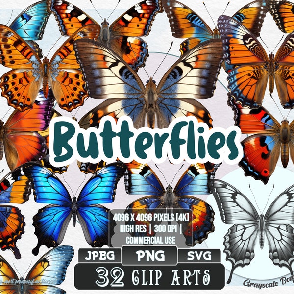 32 Butterflies - Beautiful Nature | 5 digital file types | Color & Grayscale PNG | JPEG | SVG | Coloring/Painting | Crafts | Stickers