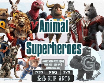 26 Superheroes Animals - Alphabet | 5 digital file types | Color & Grayscale PNG | JPEG | SVG | Coloring/Painting | Crafts | Stickers