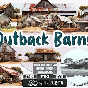 30 Outback Barns - Australian Bush | 5 digital file types | Color & Grayscale PNG | JPEG | SVG | Coloring/Painting | Crafts | Stickers