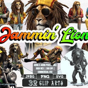 32 Jammin&#39; Lion - Reggae Clip Art | 5 digital file types | Color & Grayscale PNG | JPEG | SVG | Coloring/Painting | Crafts | Stickers
