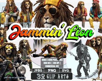 32 Jammin' Lion - Reggae Clip Art | 5 digital file types | Color & Grayscale PNG | JPEG | SVG | Coloring/Painting | Crafts | Stickers