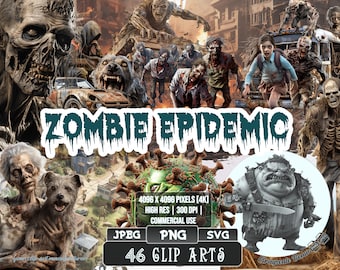 46 Zombie Epidemic - Clip Art | 5 digital file types | Color & Grayscale PNG | JPEG | SVG | Coloring/Painting | Crafts | Stickers