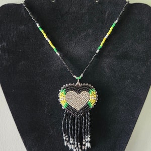 Heart beaded medallion necklace with fringe - green, black, sparkling, rhinestone