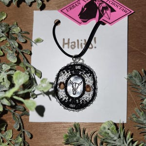 Modern Traditions, beaded medallion necklace - Bison skull & ghost beads, black, silver, white, juniper seeds