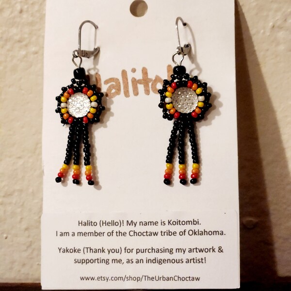 Beaded medallion minimalist earrings - sunset, native american, black, lightweight, petite, mini-fringe