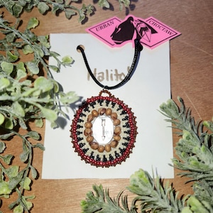Modern Traditions, beaded medallion necklace - Arrow & ghost beads, basket design, juniper seeds