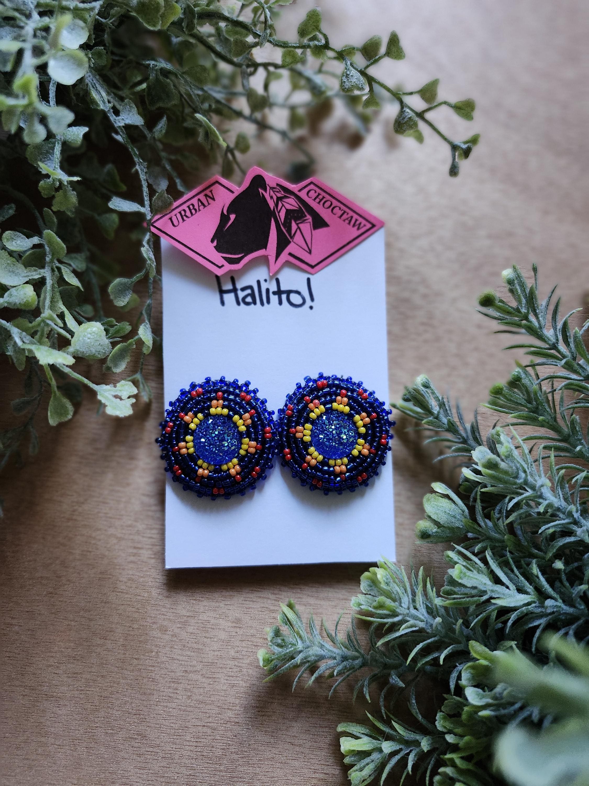 Choctaw Sun Beaded Earrings: Beaded Medallion, Blue Red