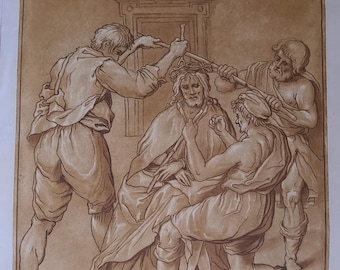 Antiker Kupferstich aus dem 18. Jahrhundert — Die Geißelung Christi, nach Bartolomeo Cesi, gestochen von Andrea Scacciati — Florenz, 1766