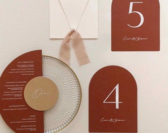 Terracotta Table Number with Half Arch Die Cutting, Bohemian Wedding Colors | Wedding Day Stationery