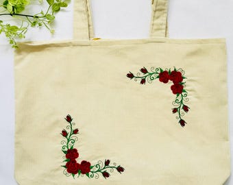 Personalized Embroidered Rose Corduroy Tote Bag, Handmade Gift