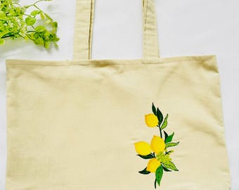 Embroidered Lemon Corduroy Tote Bag, Personalized Farmers Market Bag