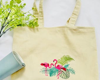 Embroidered Flamingo Corduroy Tote Bag, Handmade Tropical Shopper