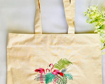 Embroidered Flamingo Tote Bag, Tropical Palm Leaf Canvas Beach Bag