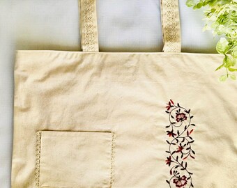 Vintage Floral Embroidered Canvas Tote Bag, Lace Pocket, Handmade Style