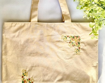 Autumn Floral Embroidered Tote Bag, Fall Leaves Canvas Bag