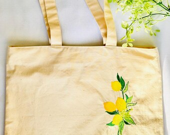 Lemon Embroidered Cotton Tote Bag, Citrus Kitchen Garden Bag