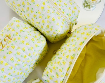 Handmade Quilted Makeup Bag, Yellow Floral Pouch, Cotton Flannel Lining