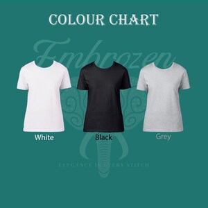 May include: Colour chart showing three t-shirts in white, black, and grey. The text "Embrozen" is displayed above the shirts. The text "Elegance in every stitch" is displayed below the shirts.