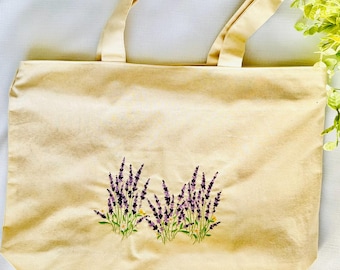 Embroidered Lavender Field Tote Bag, Floral Canvas Shopping Bag