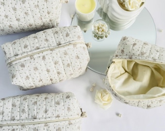 Quilted Floral Makeup Bag, Vintage-Inspired Cosmetic Travel Pouch