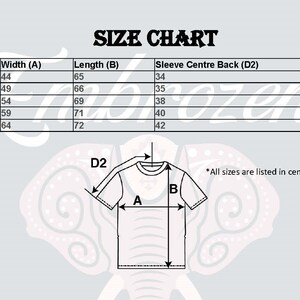 May include: Size chart for a t-shirt with measurements in centimetres for width, length, and sleeve centre back. Sizes include S, M, L, XL, and 2XL.