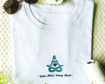 Embroidered Yoga T-Shirt – Calm Mind Strong Heart, Meditation Tee